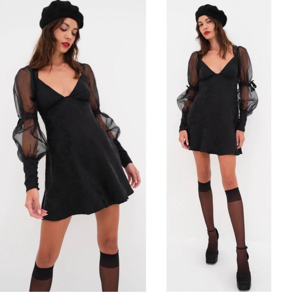 FOR LOVE & LEMONS Gabrielle Puff Sleeve Floral Jacquard Black Mini Dress Size XS - Picture 2 of 10